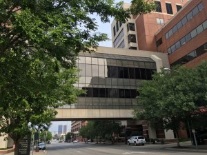 The pedestrian bridge spanning the space over 18th Street S. between the North Pavilion of the University of Alabama at Birmingham Hospital and the Women and Infants Center.
